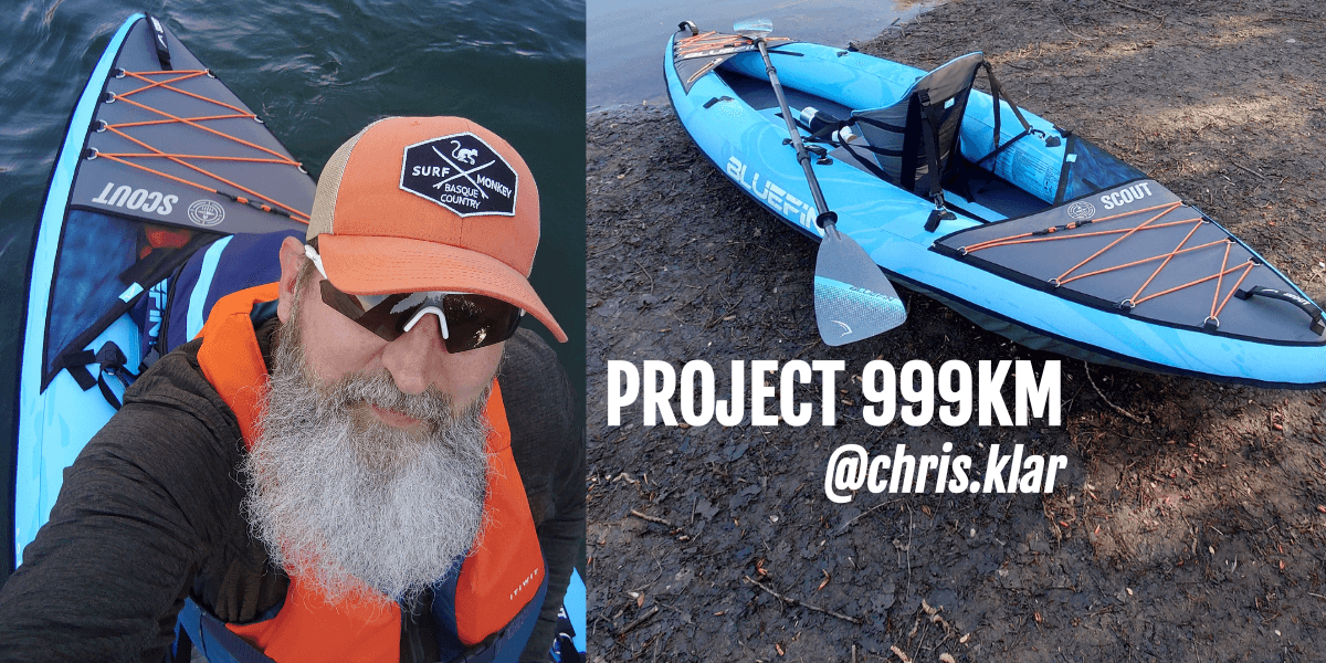 Bearded man beside a blue Scout inflatable paddleboard, with the board shown on shore and “Project 999km” text