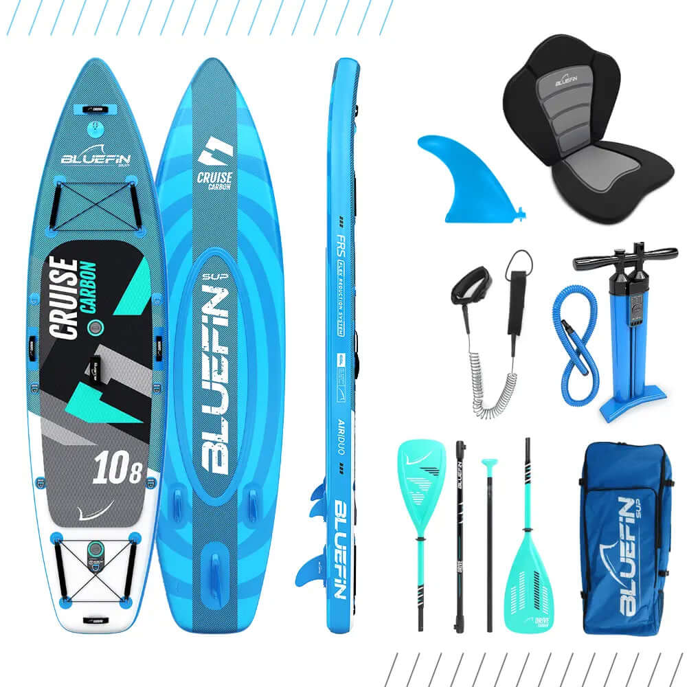 Aufblasbares Paddleboard mit blauem und grauem Design, Finne, Paddel, Pumpe und Tragetasche inklusive.