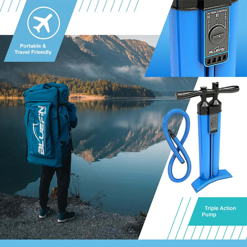Person with a blue backpack near a lake, featuring a blue triple action pump with hose.
