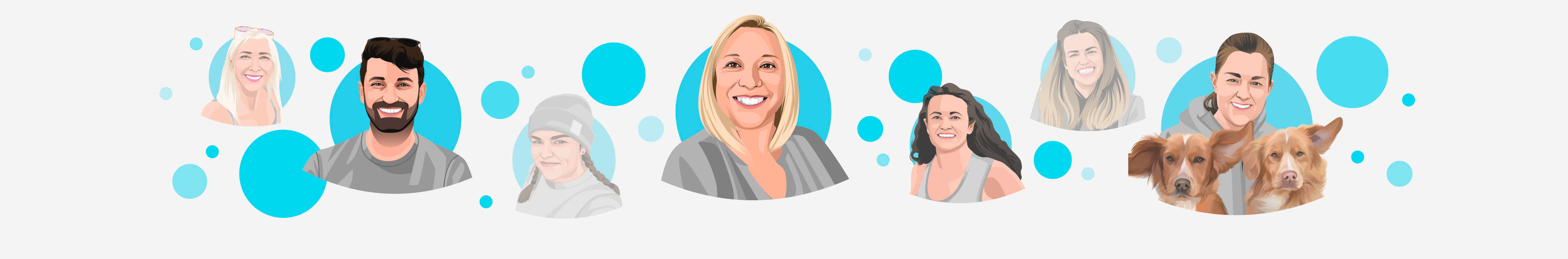 Illustration of diverse people and two dogs with blue bubbles on a light background