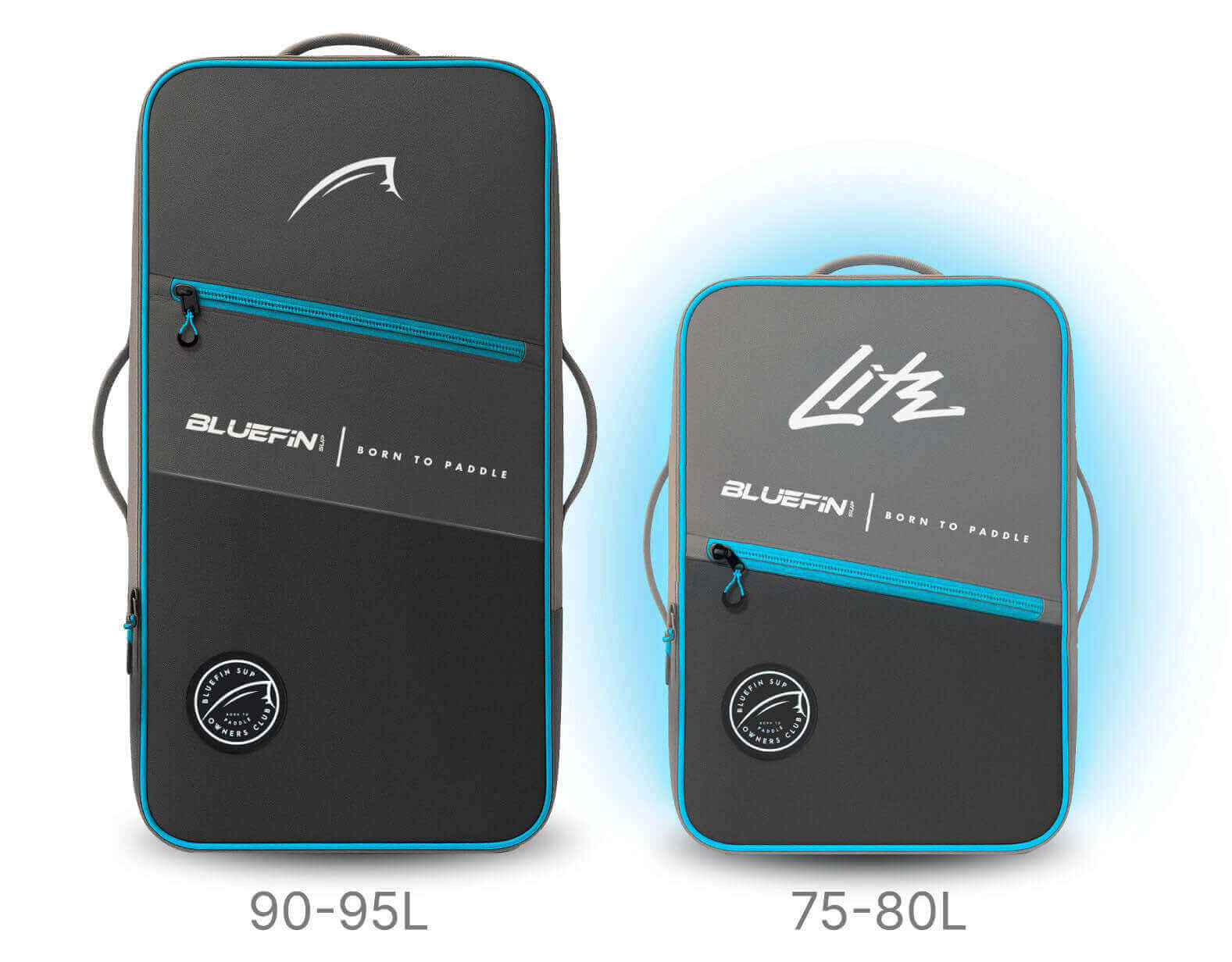 Two paddleboard bags side by side, one labeled 90-95L and the other 75-80L, both with zippers.