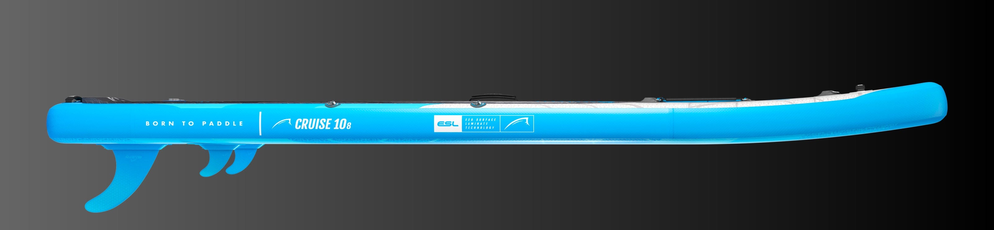 Inflatable paddleboard in blue with center fin, textured surface, and branding details