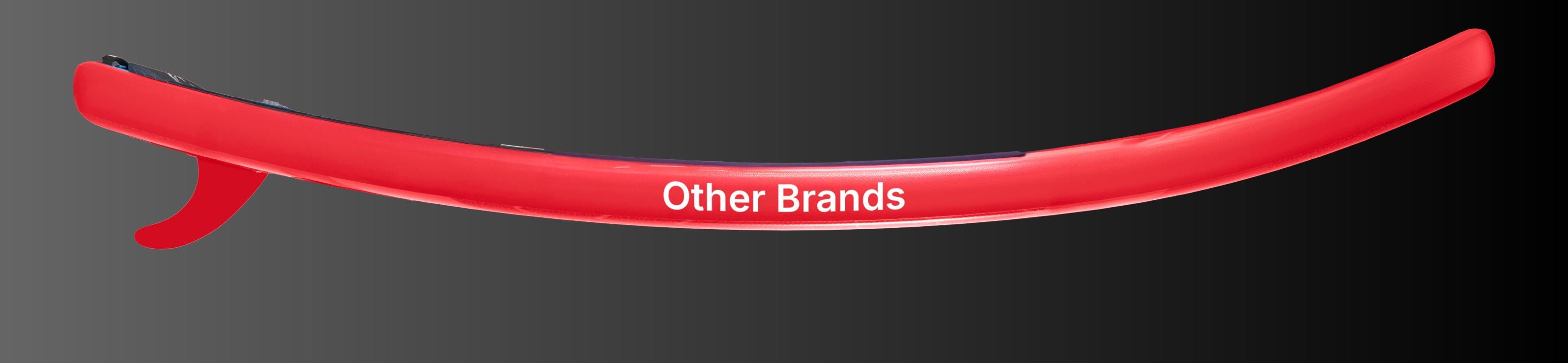 Red paddleboard with a curved shape and a fin on the side, featuring the text 'Other Brands