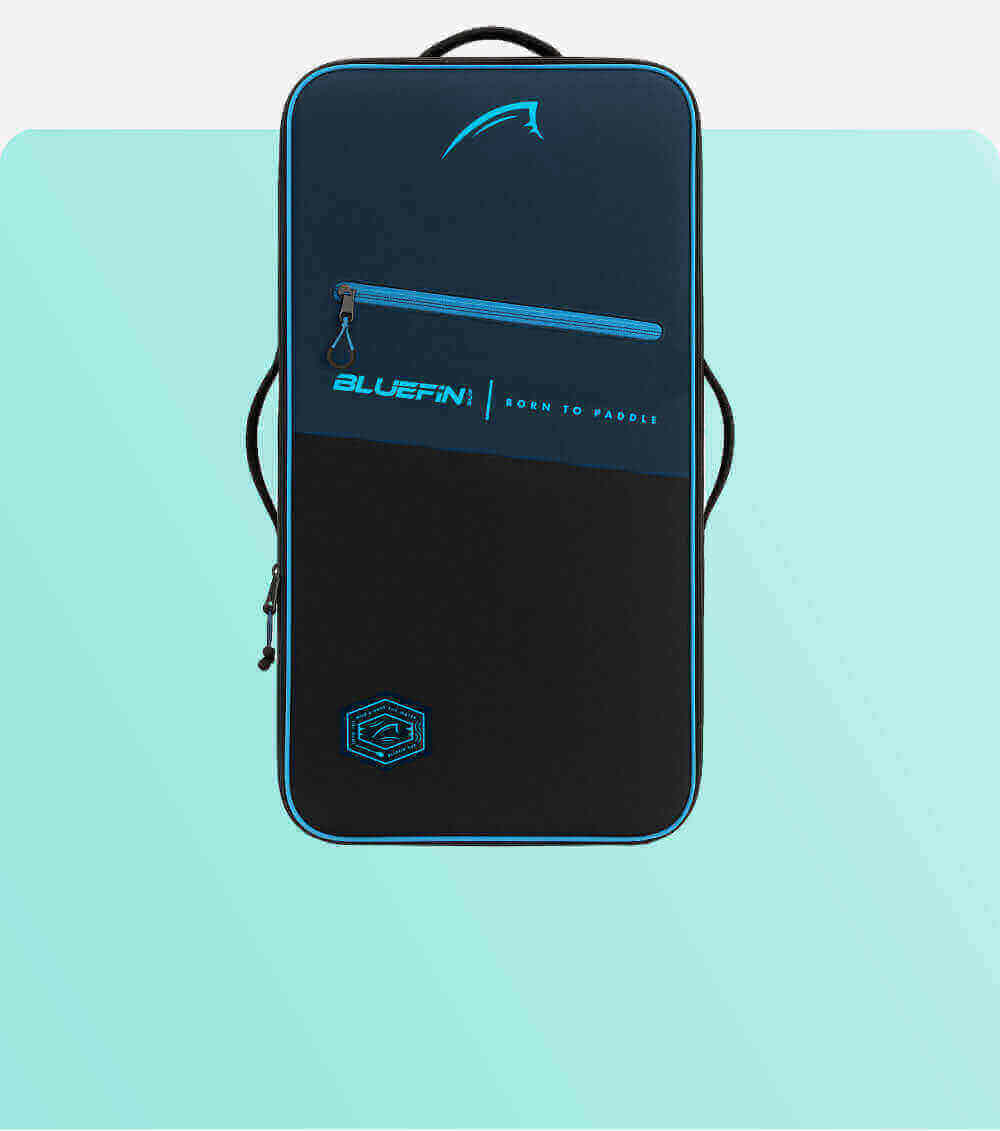 Bluefin paddleboard bag in navy and black with zipper and logo, designed for storage and transport