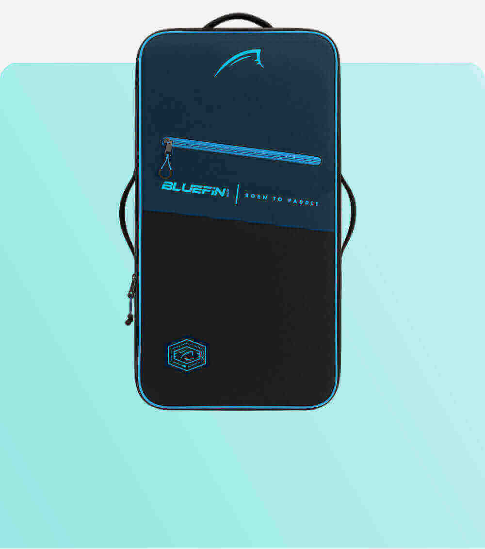 Bluefin paddleboard bag in navy and black with zipper and logo, designed for storage and transport