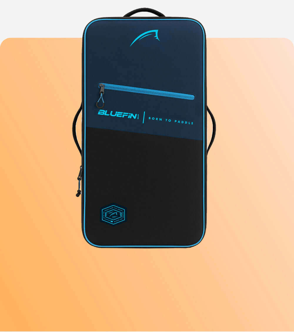 Bluefin paddleboard bag in navy and black with zipper and logo, designed for carrying paddleboards
