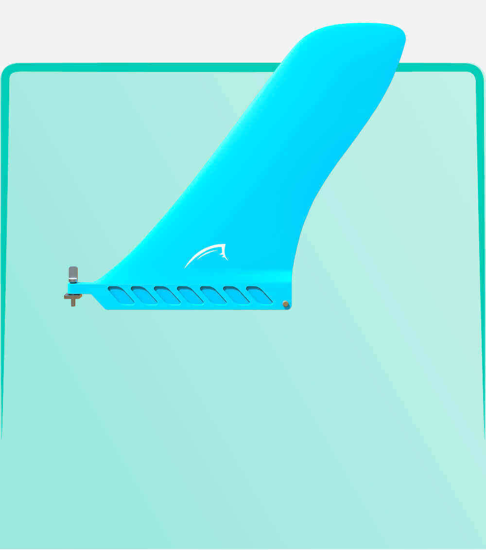Blue fin for paddleboard with a curved top and slotted base for attachment