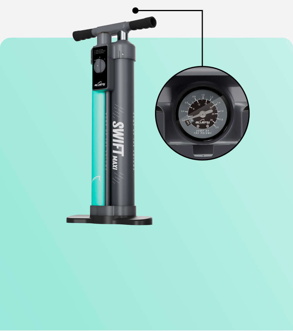 Aufblasbare Pumpe mit türkisfarbenem und grauem Design, mit Druckanzeige an der Seite.