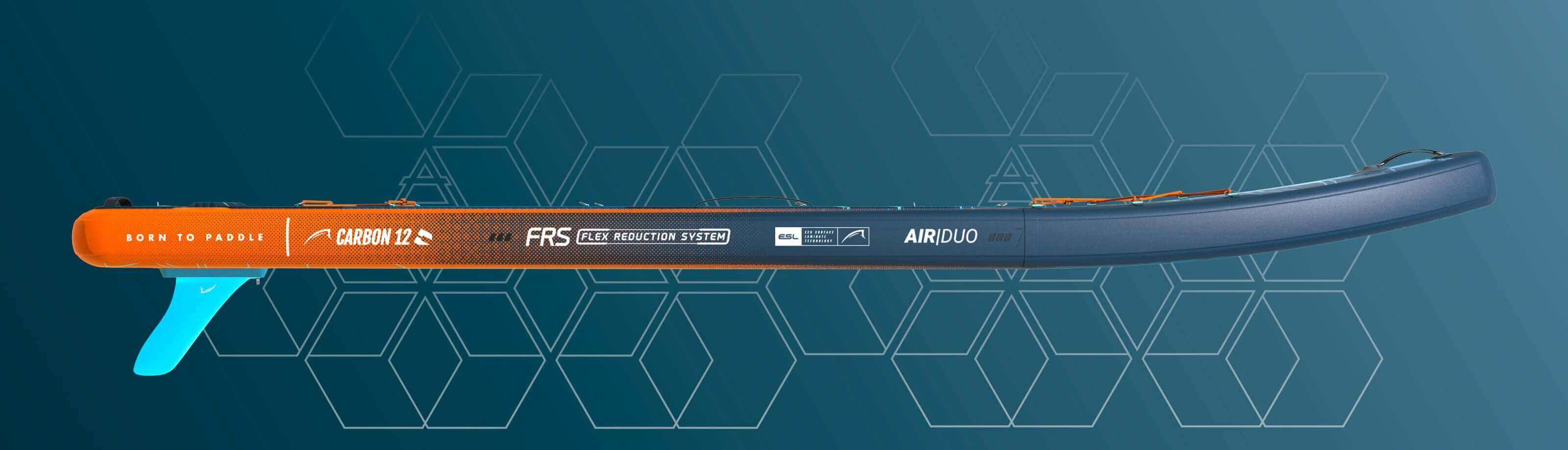 Inflatable paddleboard with orange and blue accents, featuring a textured deck and flex reduction system