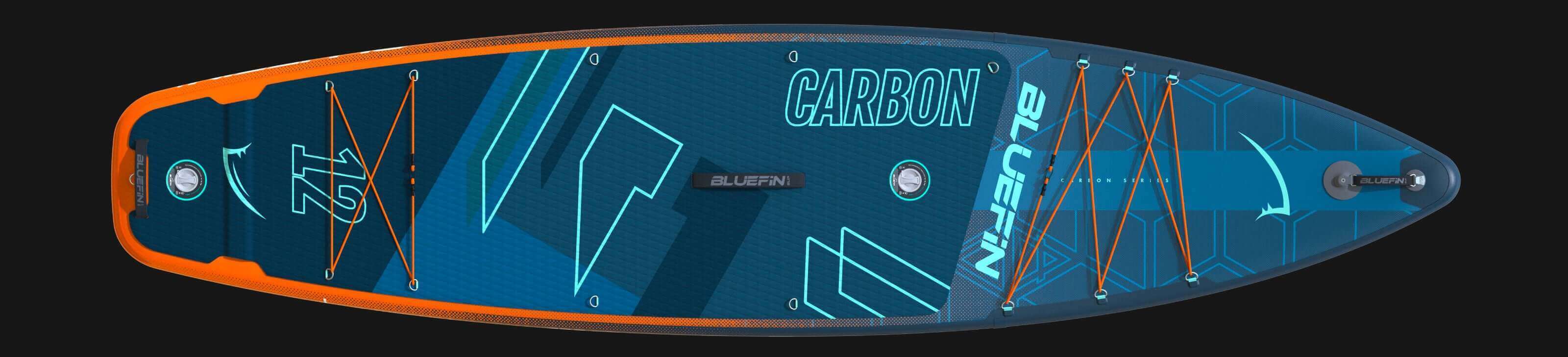 Inflatable paddleboard with blue and orange design, textured deck, center fin, and bungee storage.