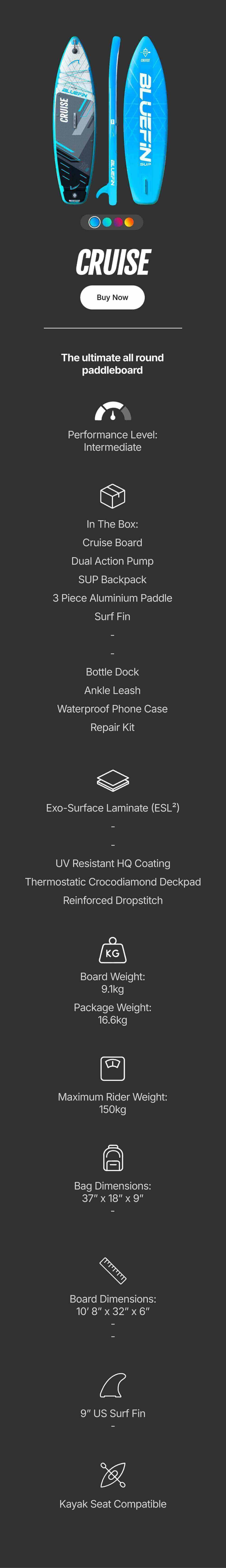 Inflatable paddleboard with blue design, center fin, textured deck pad, and inflation valve for travel