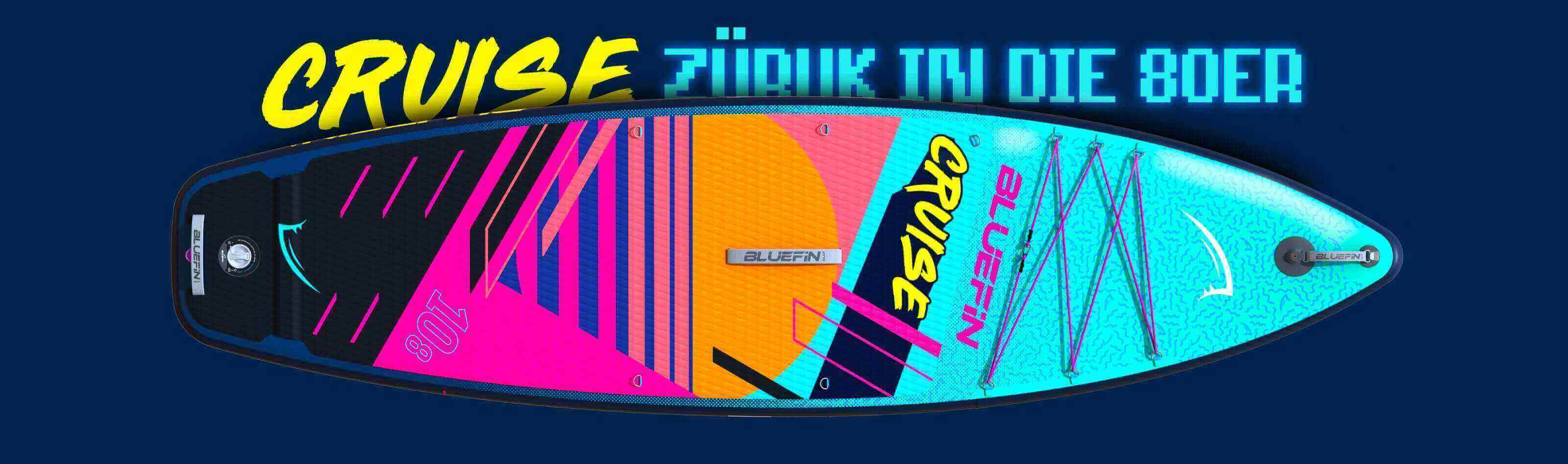 Colorful inflatable paddleboard with textured deck, center fin, and branding in vibrant design