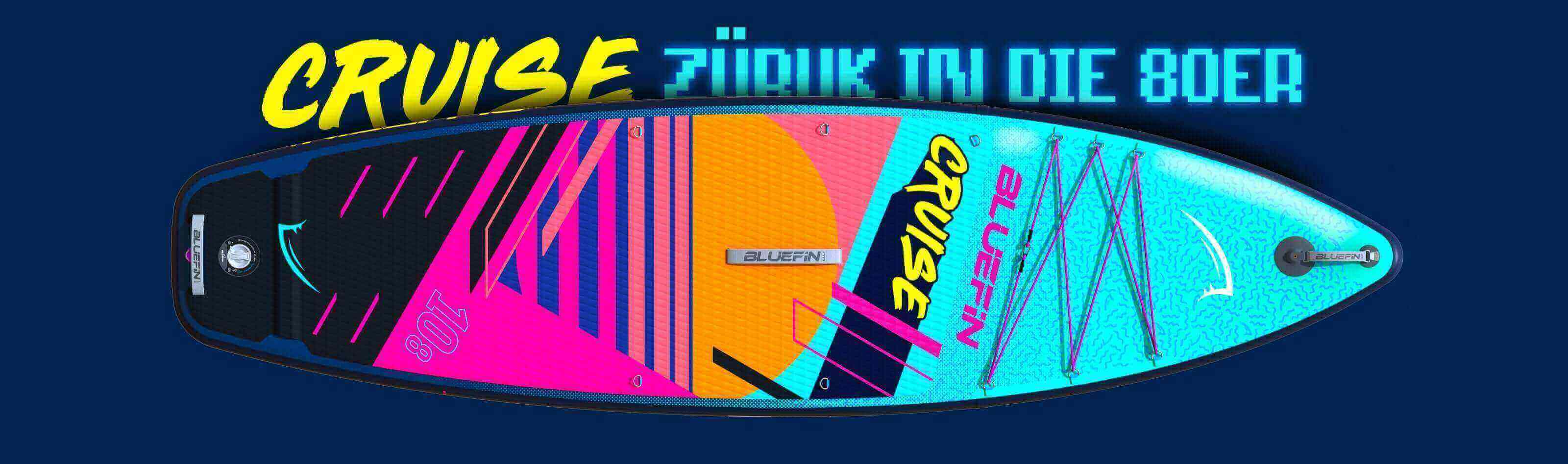 Colorful inflatable paddleboard with textured deck, center fin, and branding in vibrant design