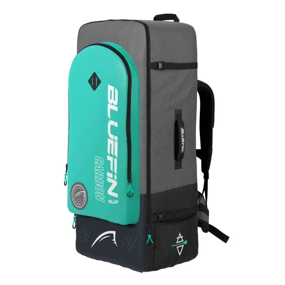Grau-türkisfarbener Rucksack mit Logo, entworfen zum Tragen von Paddleboards, mit gepolsterten Trägern und Reißverschlüssen.