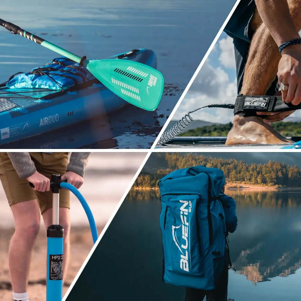 Collage aus Paddleboard, Pumpe, Leash und Rucksack für Wassersport, mit blauen Farben und Outdoor-Umgebung.