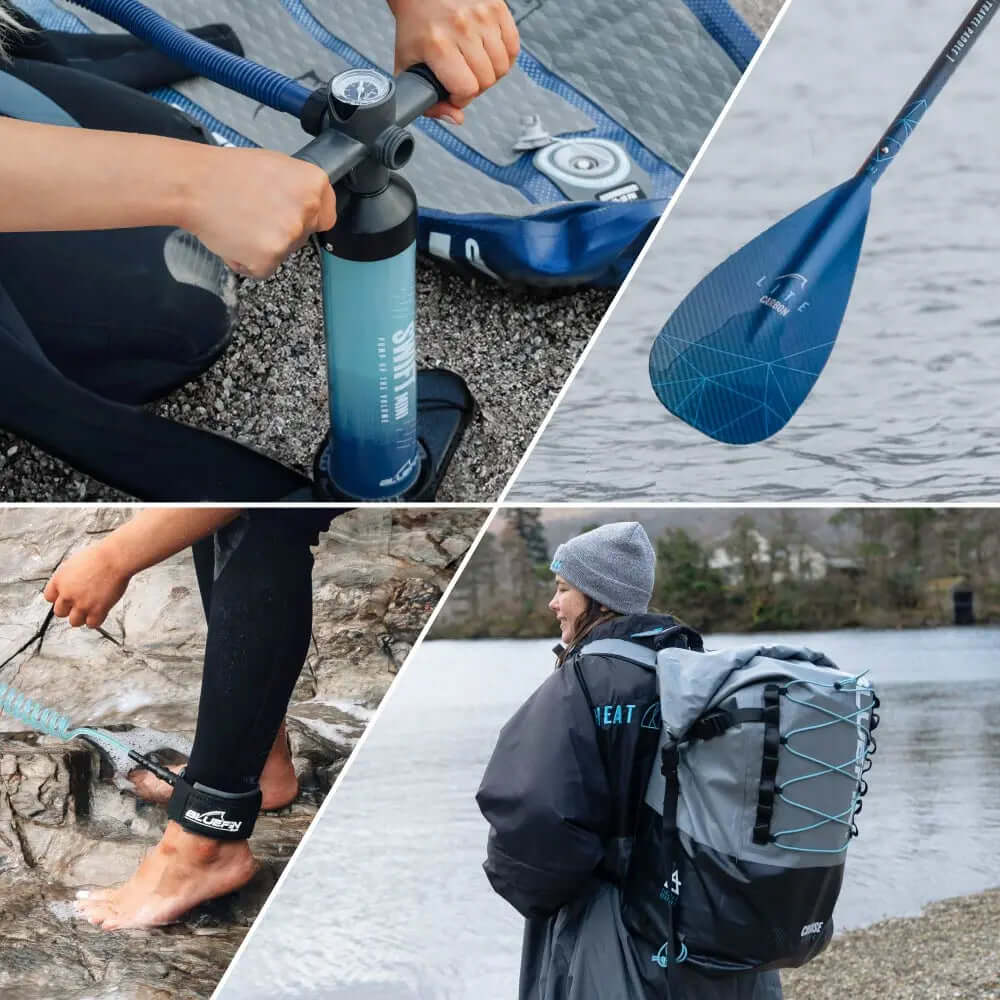 Inflatable paddleboard pump, paddle, wetsuit, and backpack by water with a person in a beanie.