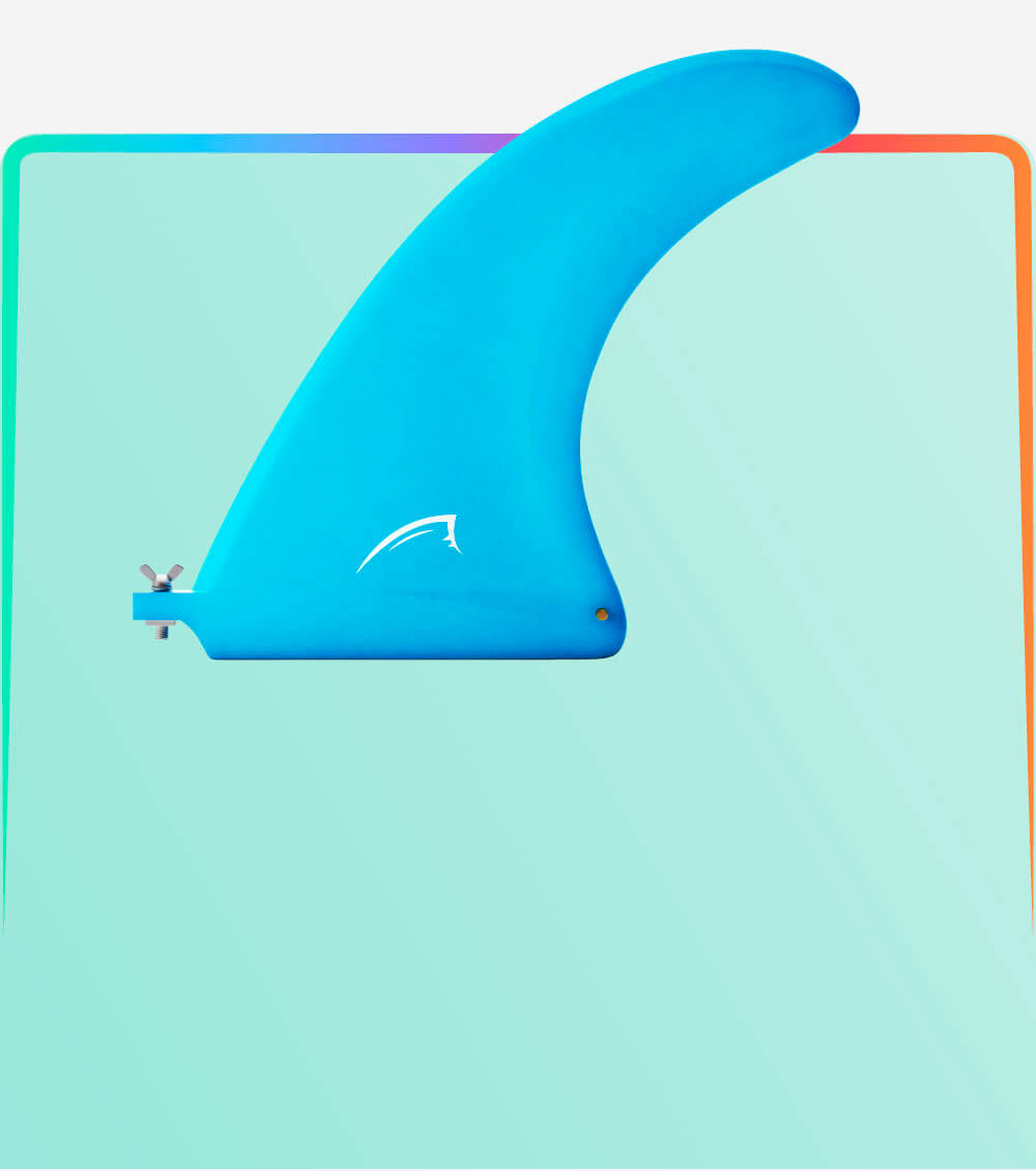 Blue surfboard fin with a logo, mounted on a light green background.