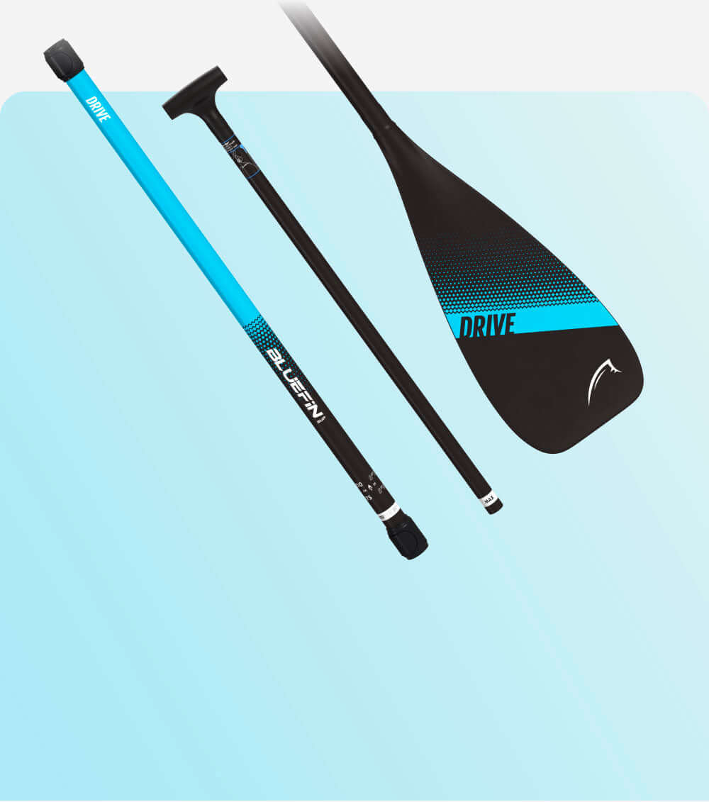 Bluefin SUP paddle with black blade, blue shaft, and adjustable handle, set against a light blue background.