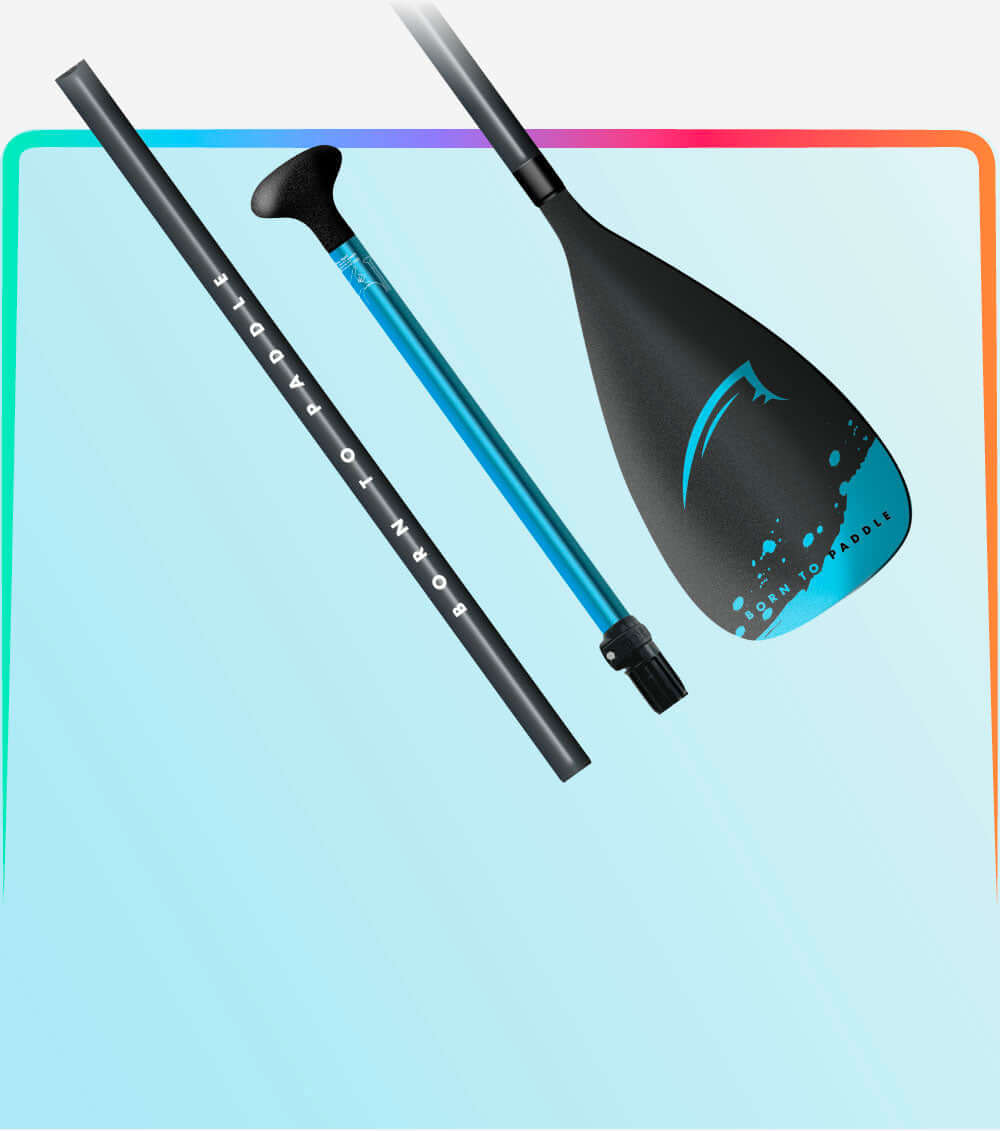 Three-piece paddle with a black blade, blue shaft, and black grip, arranged on a gradient background.