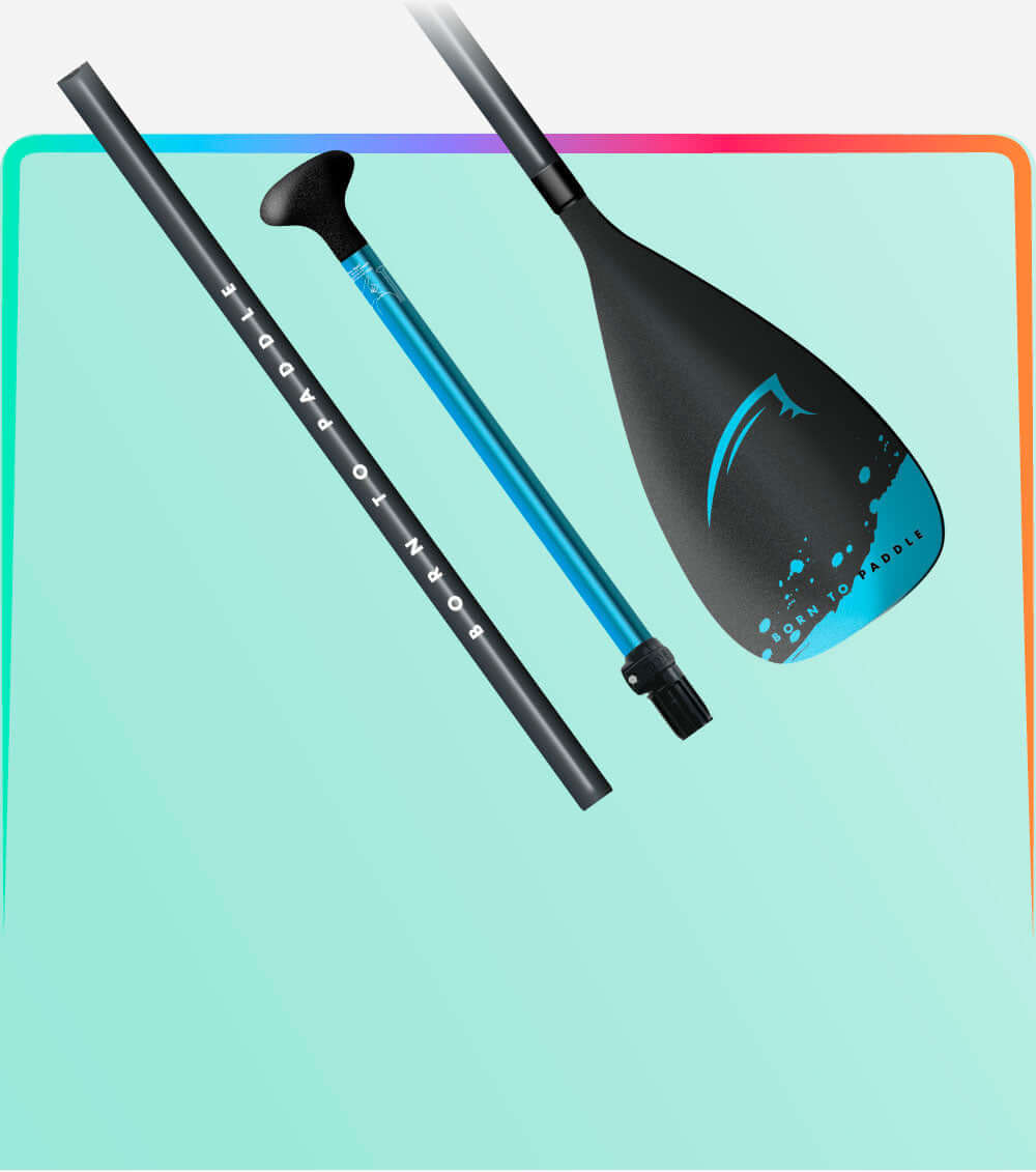 Three-piece paddle with black shaft, blue center, and black blade featuring logo and text
