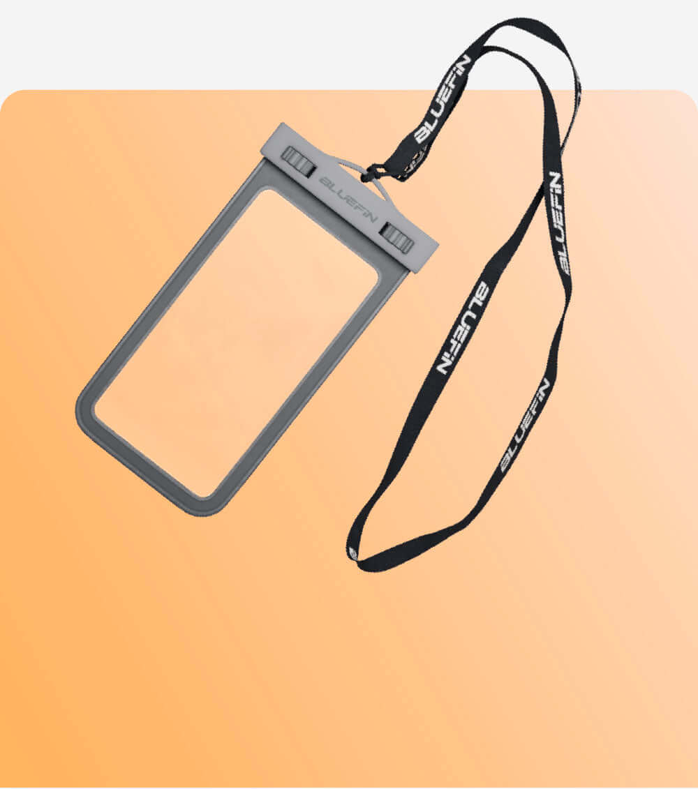 Clear waterproof phone case with gray frame and adjustable black lanyard for hanging