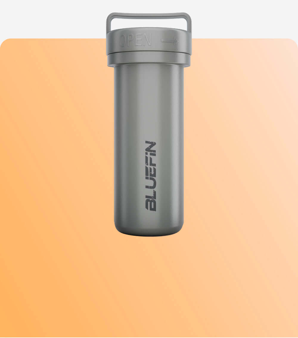 Gray waterproof container with an open lid, featuring the text 'BLUEFIN' on the side.
