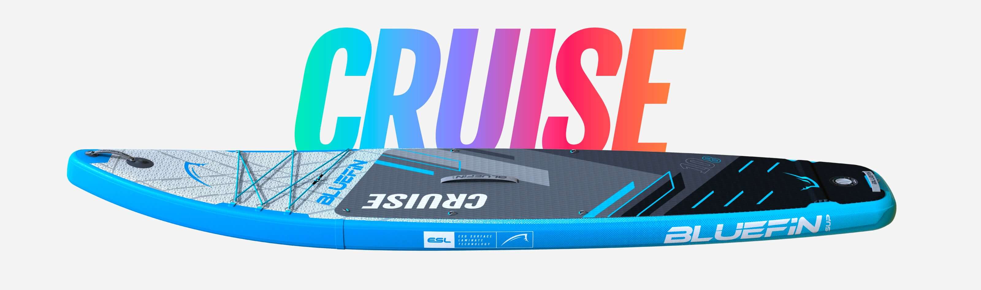 Inflatable paddleboard with blue edges, textured deck, and the word 'CRUISE' in colorful letters