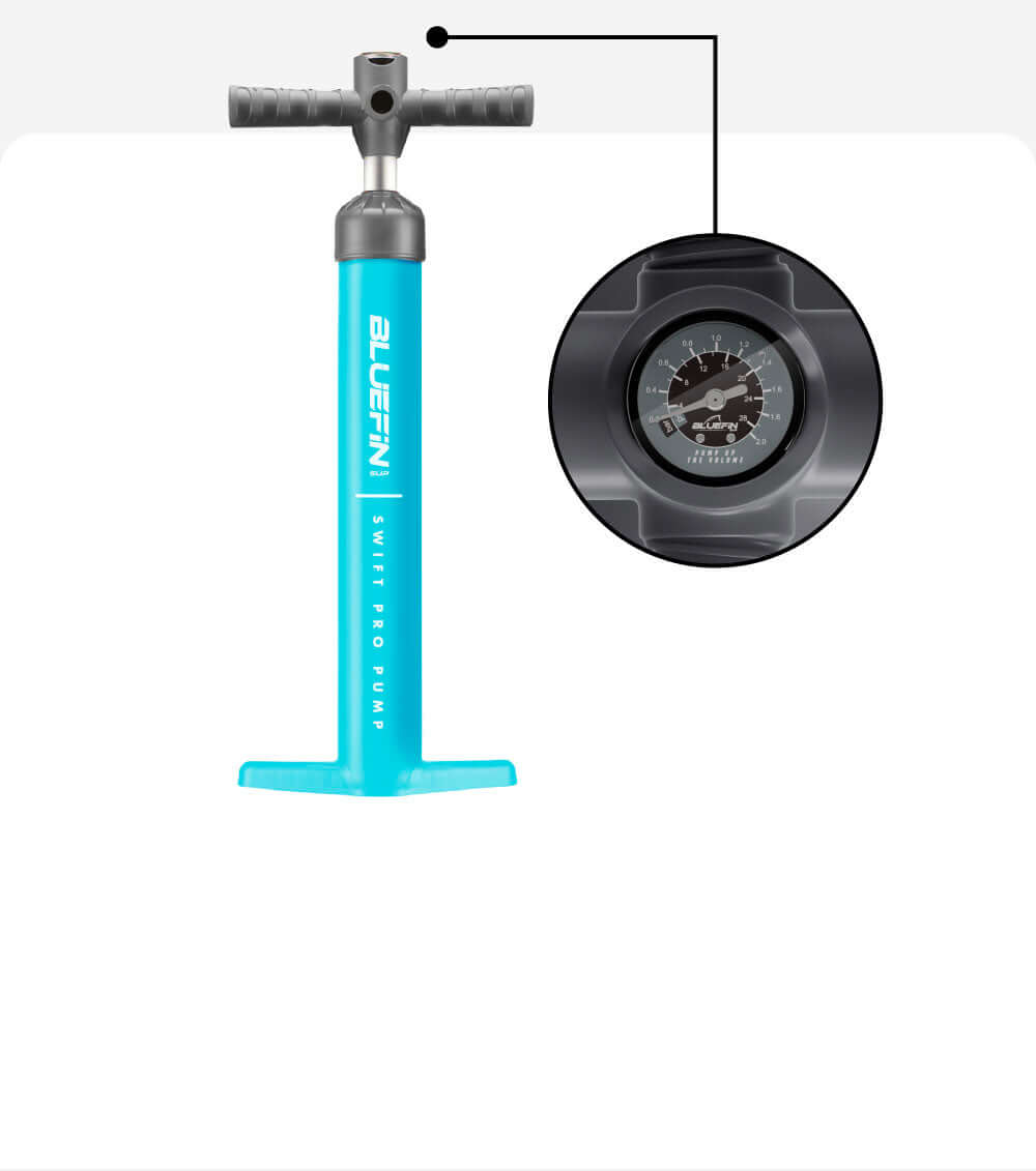 Bluefin SUP Swift Pro Pump in turquoise with a pressure gauge on the side for inflating paddleboards.
