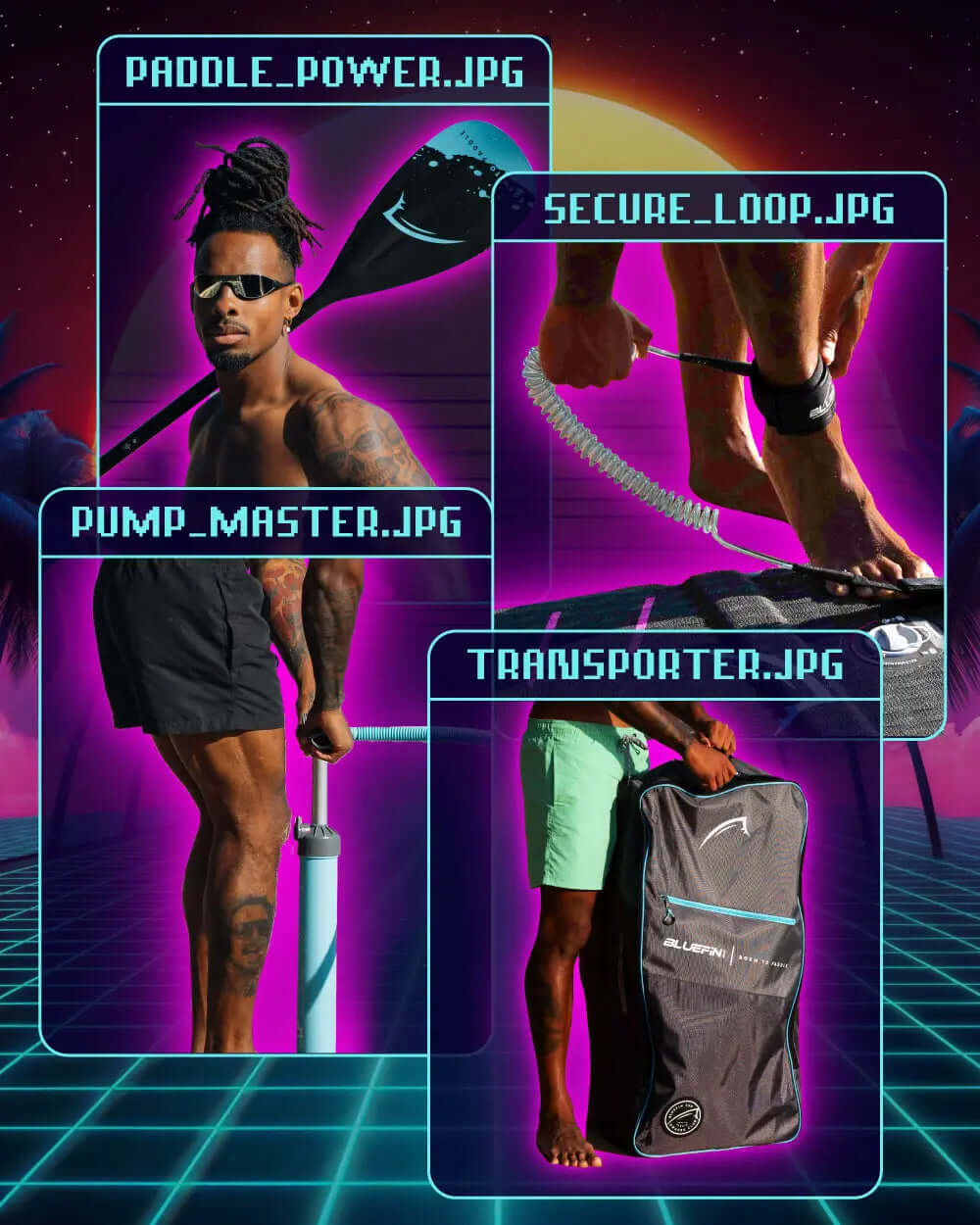 Four images of paddleboarding gear: paddle, pump, leash, and carrying bag with vibrant background.