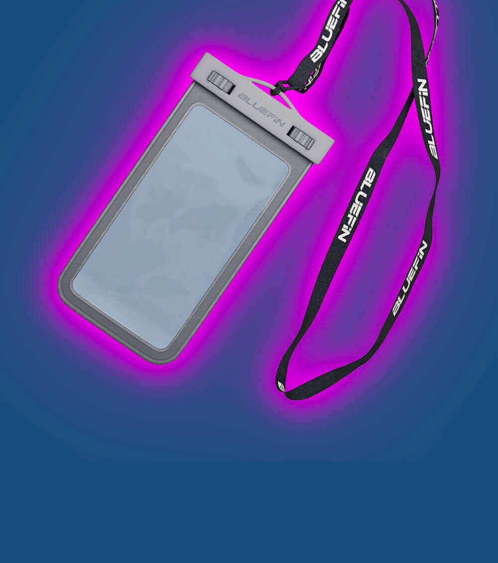 Waterproof phone pouch with lanyard, clear front, gray edges, and Bluefin branding.