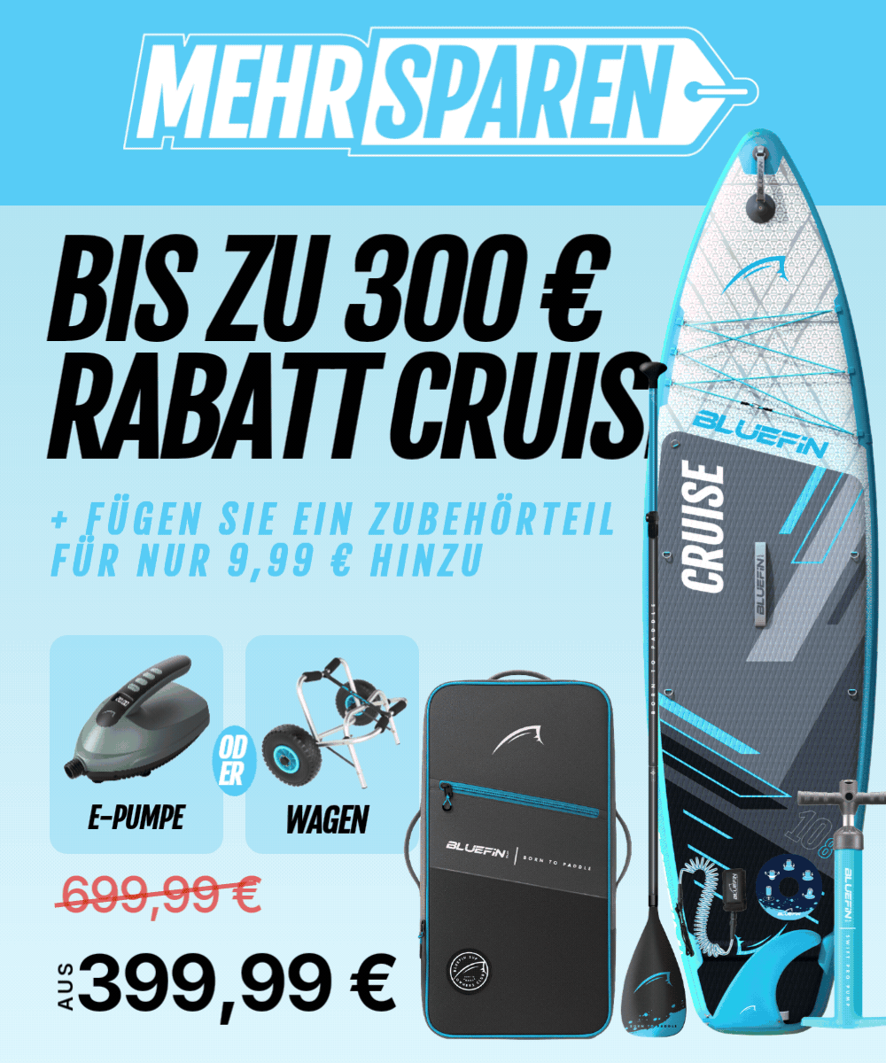Promotional image for Bluefin SUP showcasing a paddleboard, paddle, carry bag, and accessories with a discount offer.