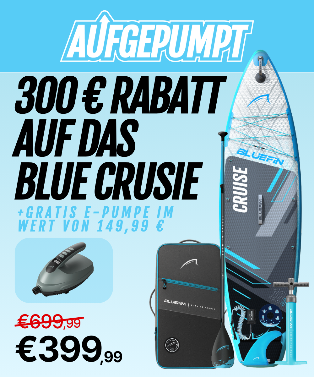 Inflatable Bluefin Cruise paddleboard with pump, bag, and paddle, showing discount details.