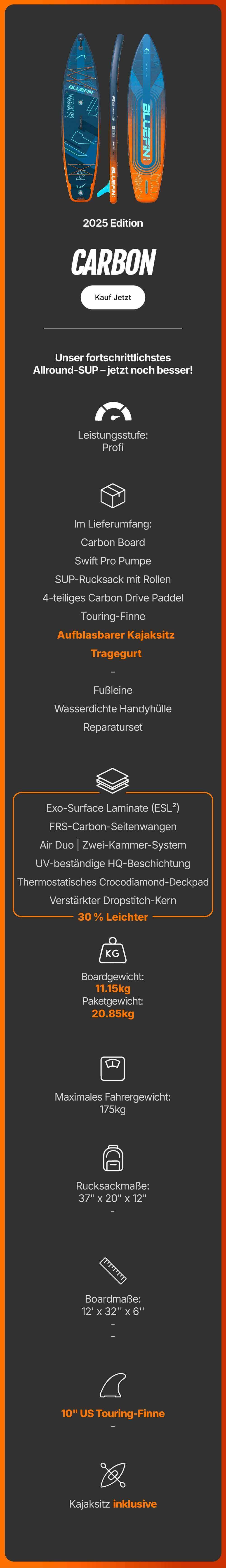 Inflatable carbon paddleboard with blue and orange design, textured deck pad, and center fin.