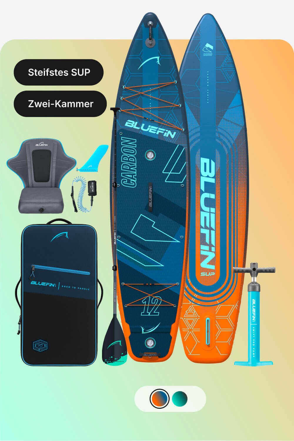 Inflatable paddleboard with blue and orange design, paddle, pump, seat, and carrying bag included.