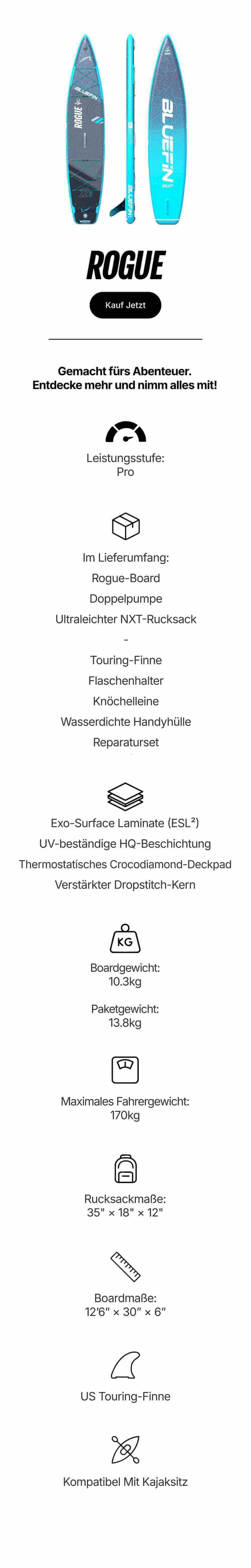 Inflatable paddleboard with blue design, center fin, and textured deck pad for touring adventures