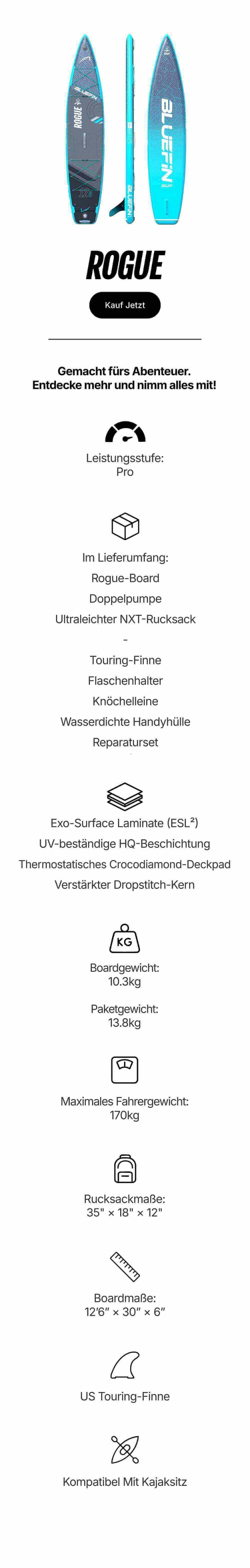 Inflatable paddleboard with blue design, center fin, and textured deck pad for touring adventures