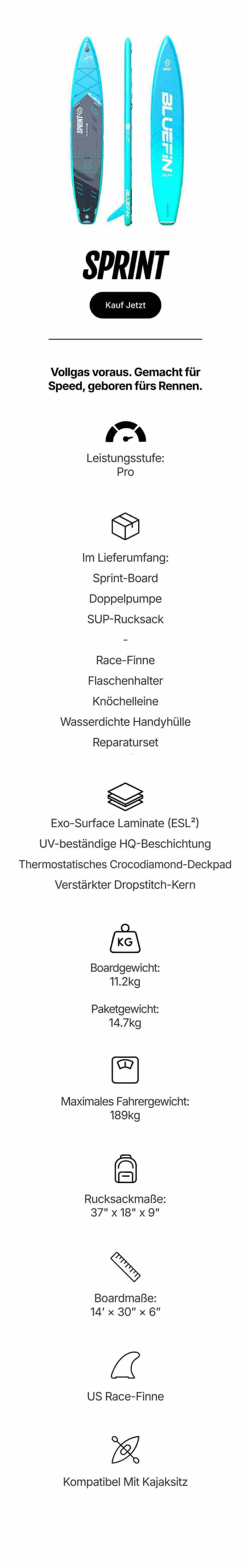 Inflatable paddleboard with blue and black design, center fin, and textured deck pad for racing.