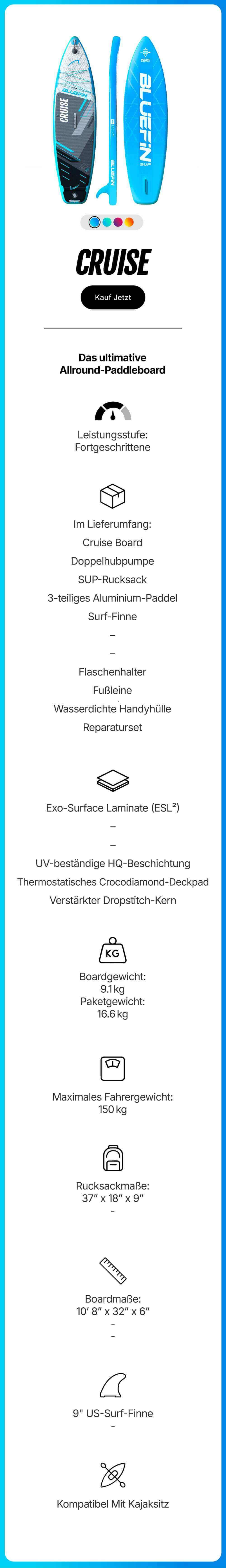 Inflatable Bluefin SUP paddleboard in blue and black with textured deck pad and center fin