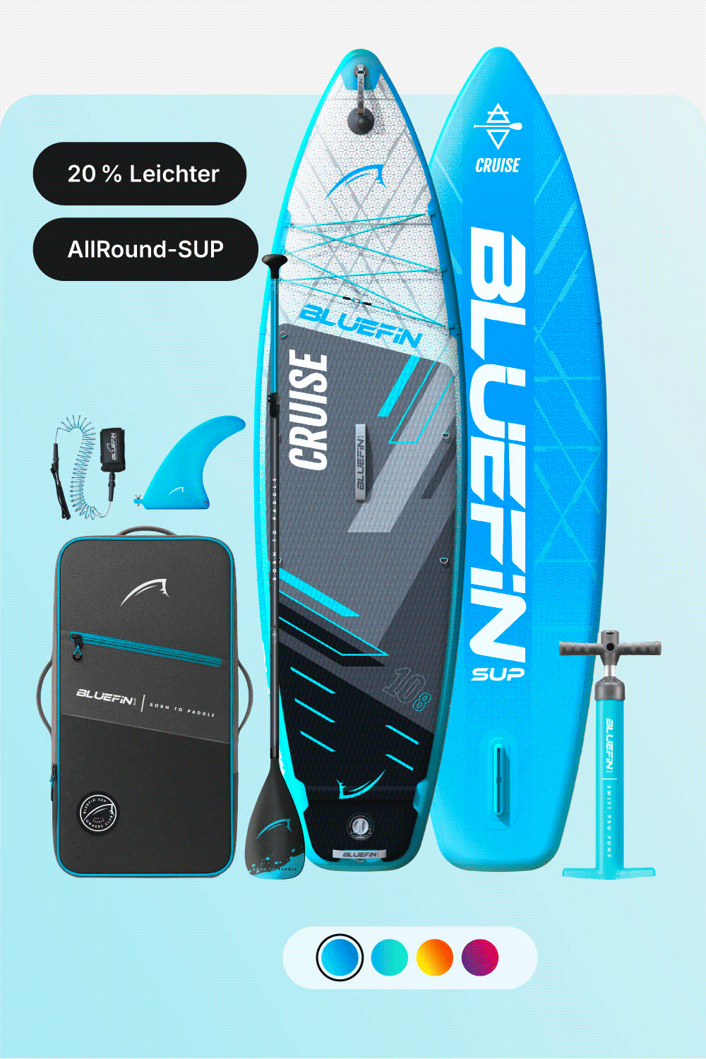 Inflatable Bluefin SUP with paddle, fin, pump, and carrying bag in blue and gray colors.