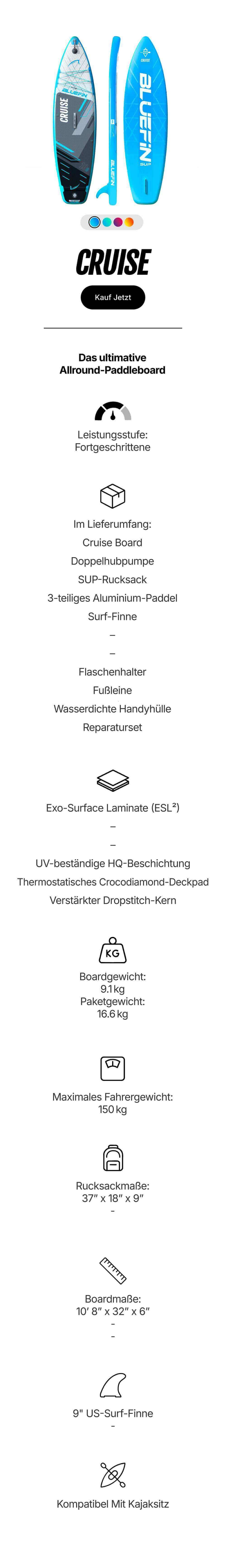 Inflatable paddleboard in blue and gray with textured deck, center fin, and carrying handle