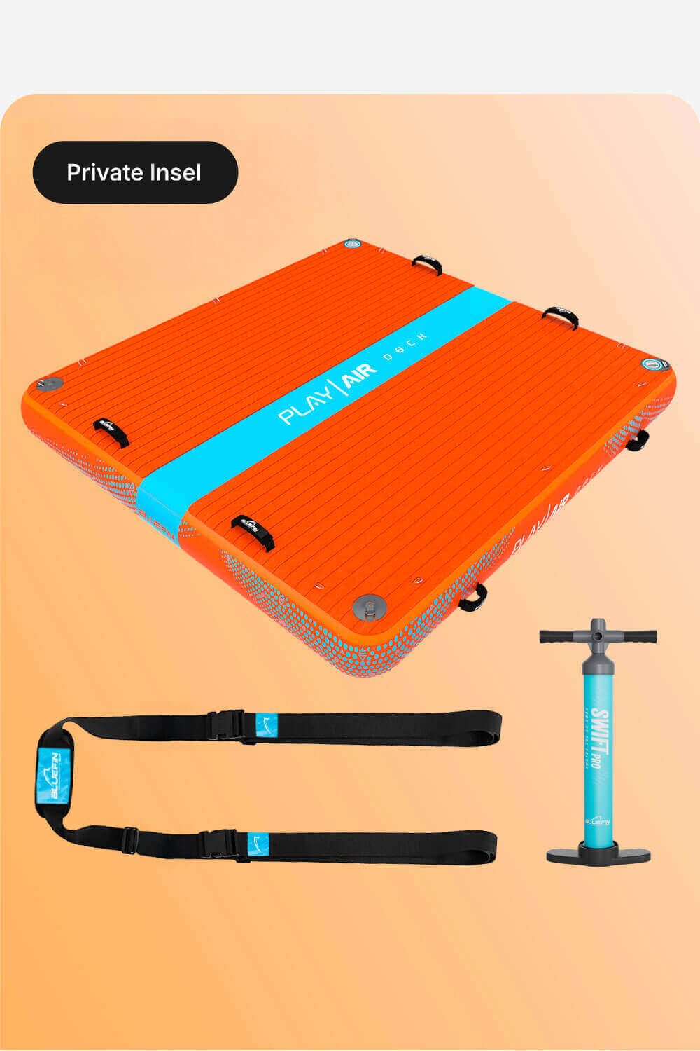 Orange inflatable deck with blue stripe, straps, and a pump for easy setup and transport.