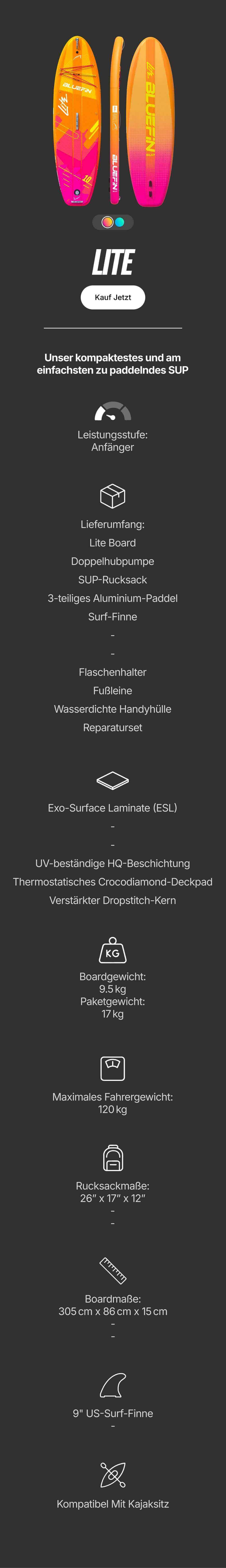 Inflatable paddleboard with vibrant orange and pink design, textured deck pad, and center fin