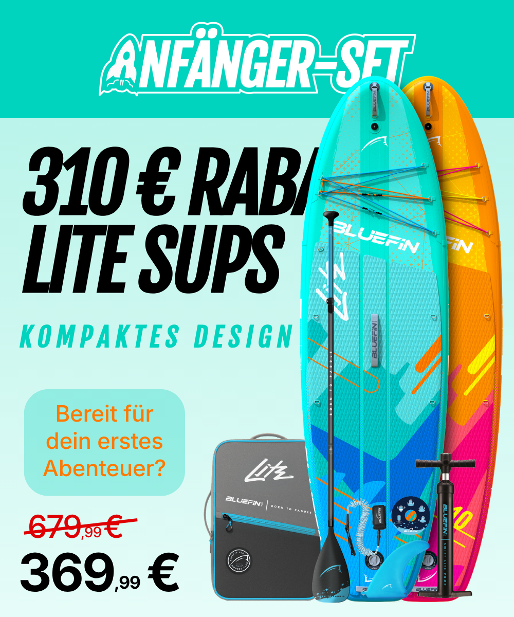 Two inflatable paddleboards in turquoise and orange, with a paddle and pump, showcasing a discount.