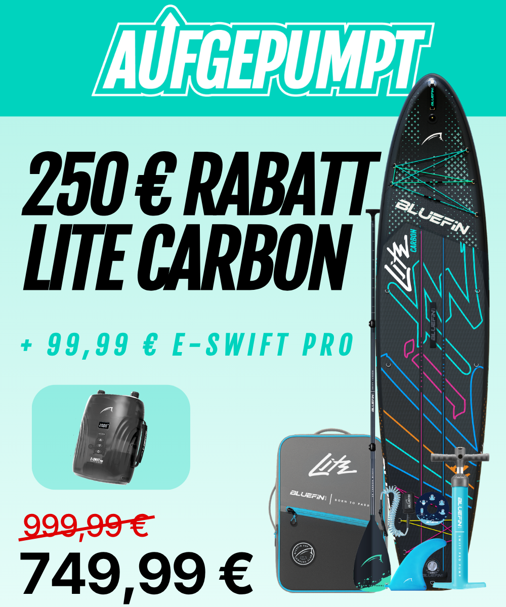 Promotional image featuring the Bluefin Lite Carbon paddleboard, pricing, and e-Swift Pro details.