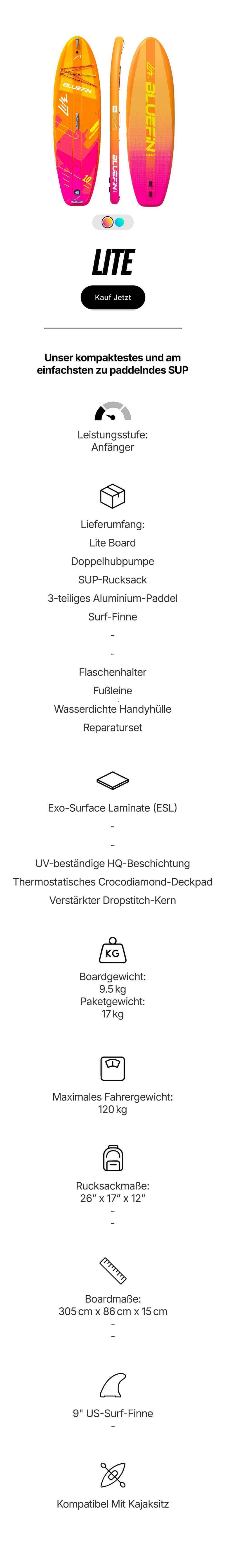 Inflatable paddleboard in orange and pink with textured deck, center fin, and carrying handle