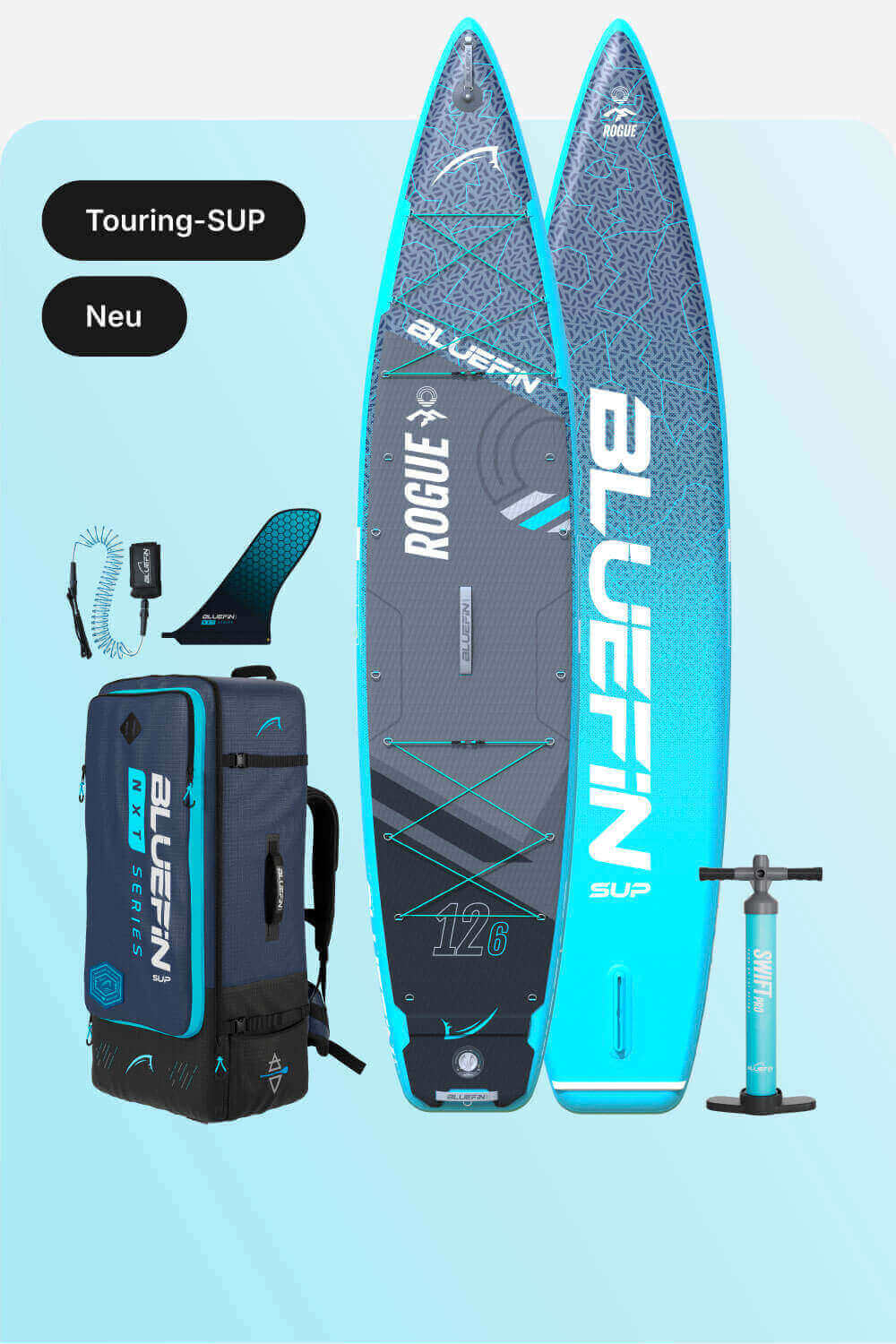 Inflatable touring paddleboard with blue and gray design, backpack, fin, and pump included.