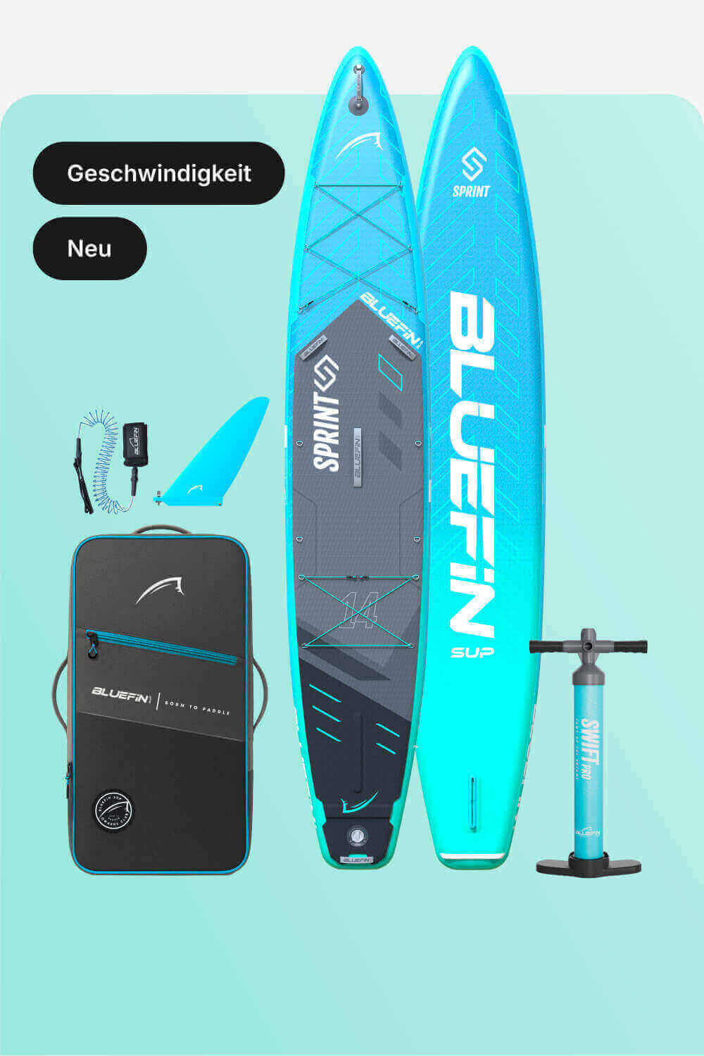 Inflatable paddleboard in blue with center fin, pump, carrying bag, and accessories for travel.