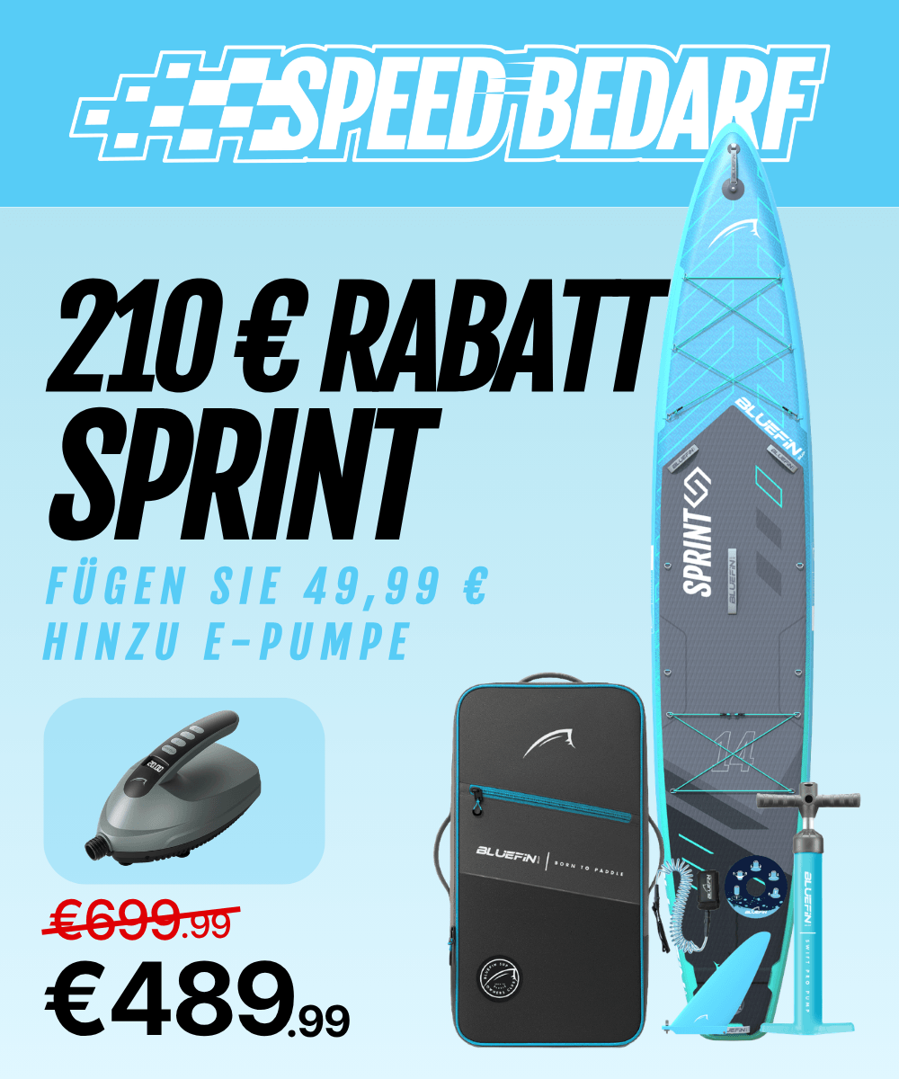 Inflatable paddleboard with blue and gray design, pump, and carrying bag, showing price and discount details