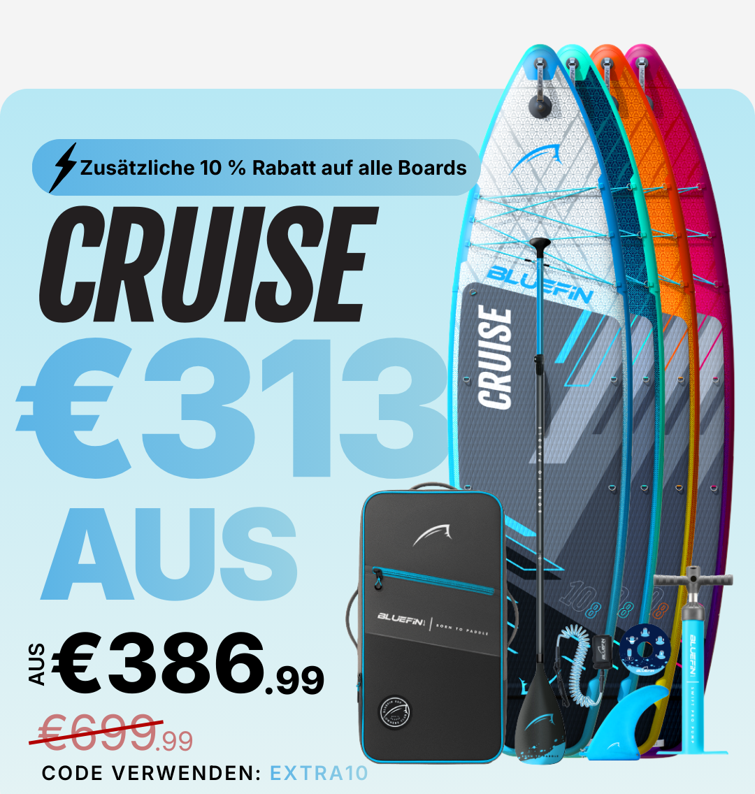 Three inflatable paddleboards in blue, orange, and pink with a carry bag and accessories displayed.