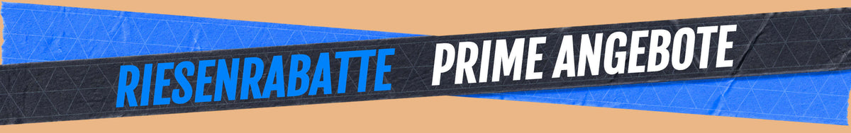 Graphic with blue and black ribbons displaying "RIESENRABATTE" and "PRIME ANGEBOTE" on a beige background